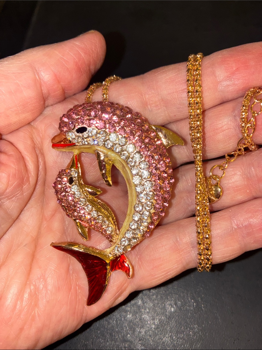 Gold Dolphin Pendant Necklace with Pink & Clear Crystals